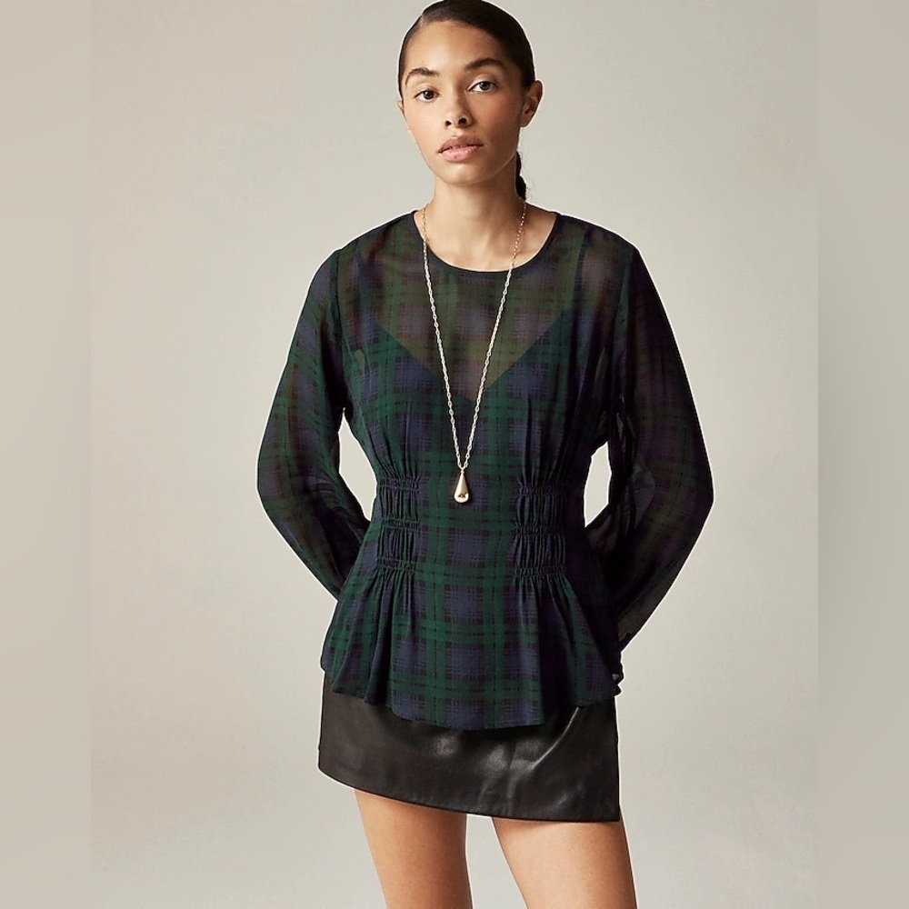 J.Crew NWT Chiffon shirred-waist sheer top Black Watch tartan holiday plaid 10